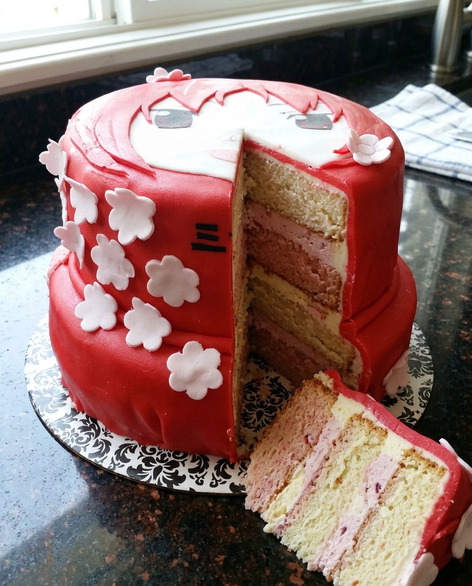 A simple homemade anime cake with yellow lemon sponge and white frosting