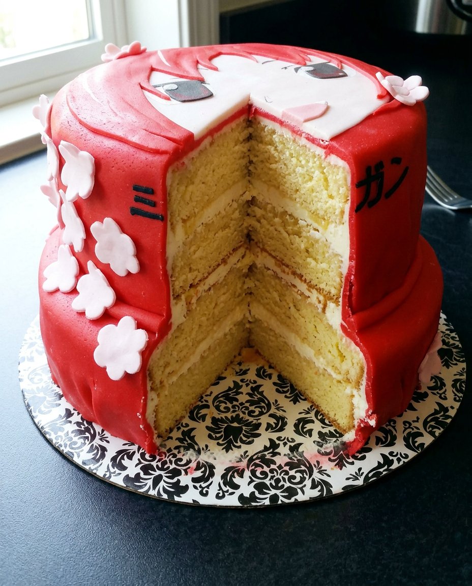 A slice of anime cake on a white plate with a fork