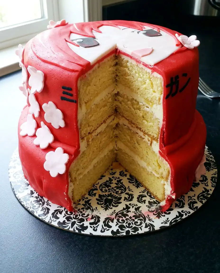 A slice of anime cake on a white plate with a fork