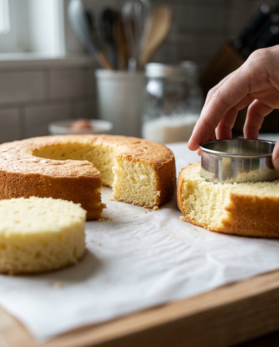 Freshly baked 8 inch round yellow cake layers on a cooling rack