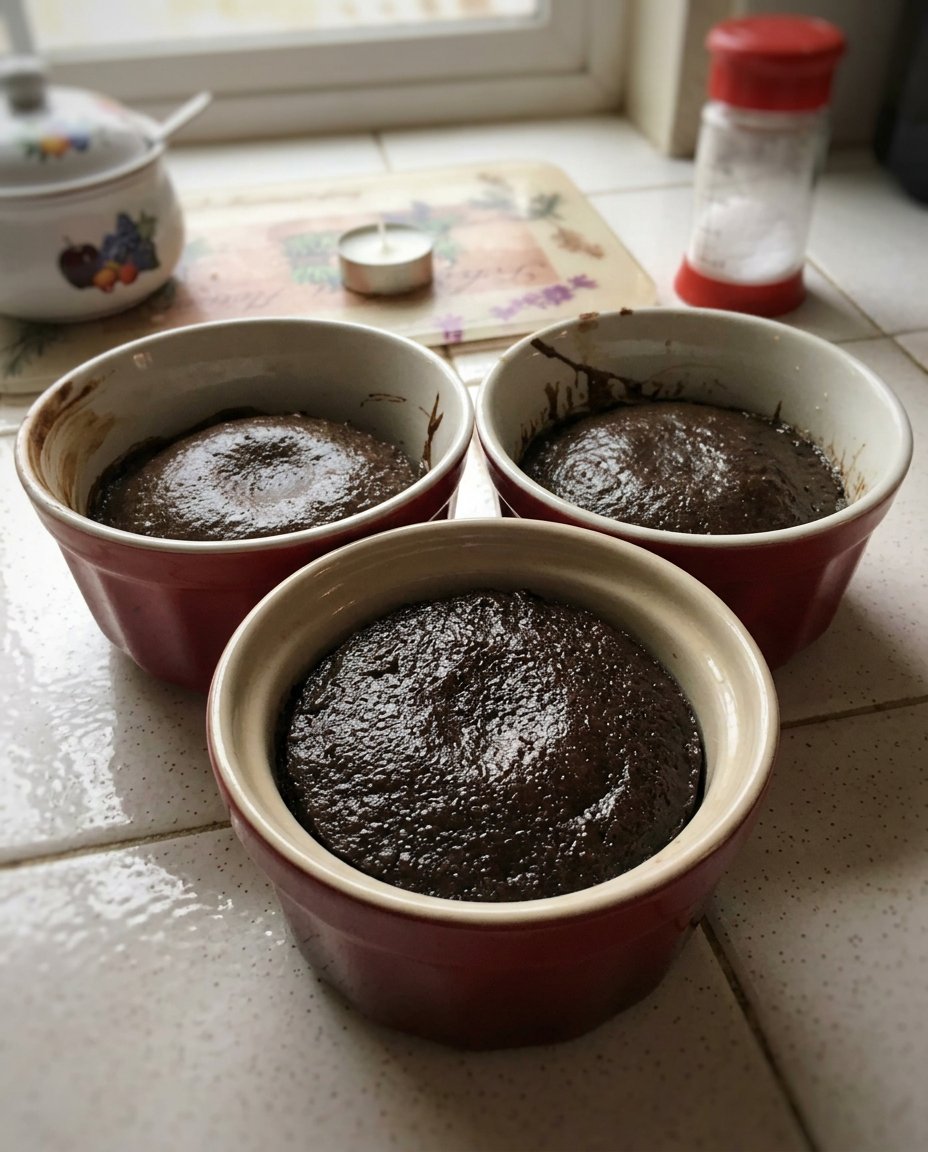Lava Cake Recipe 13 Lava cake batter in buttered and cocoa-dusted ramekins on a baking sheet.
