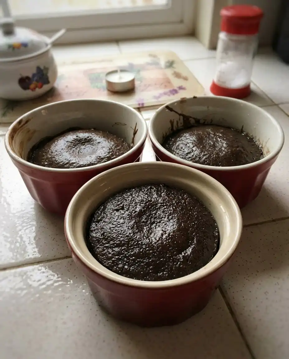 Lava cake batter in buttered and cocoa-dusted ramekins on a baking sheet.