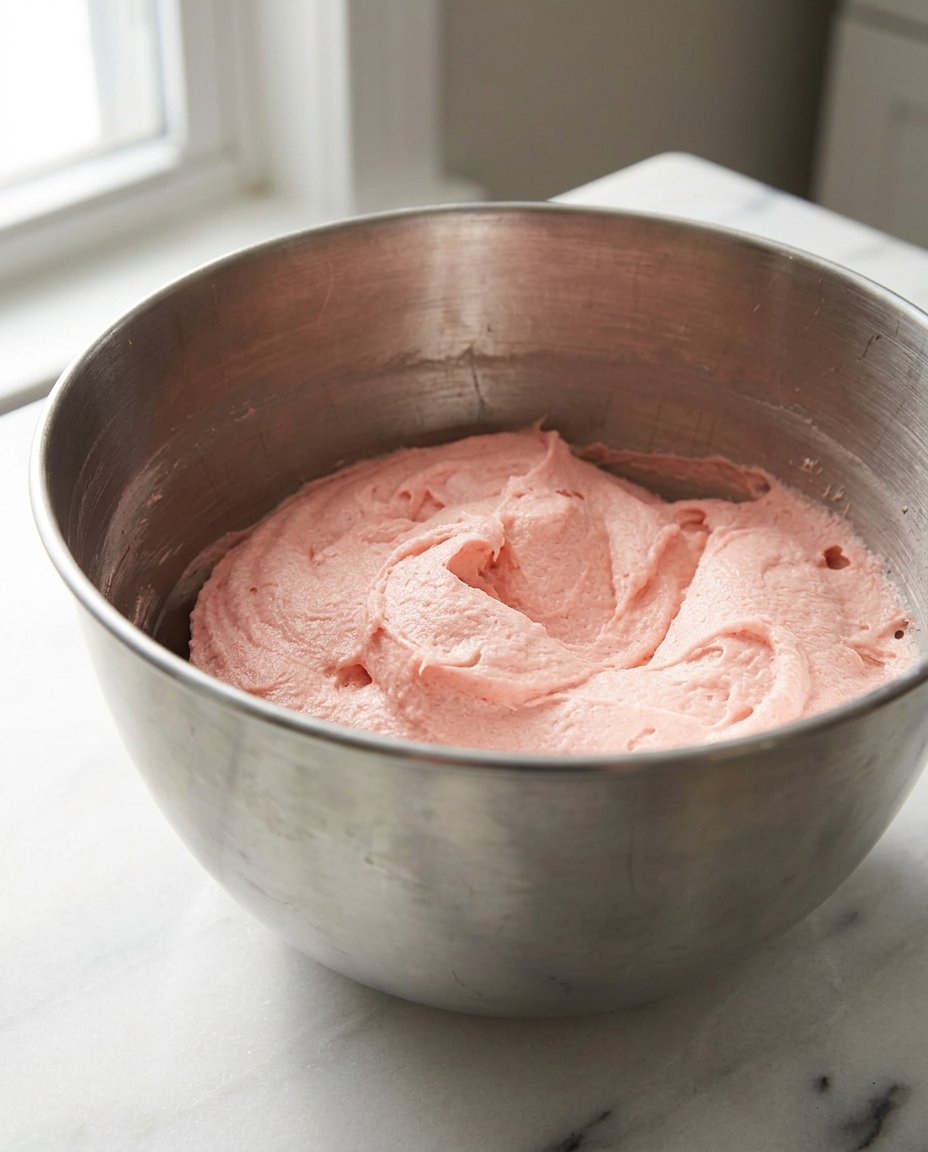 A strawberry cake inside a 9-inch pan sitting on an oven rack.