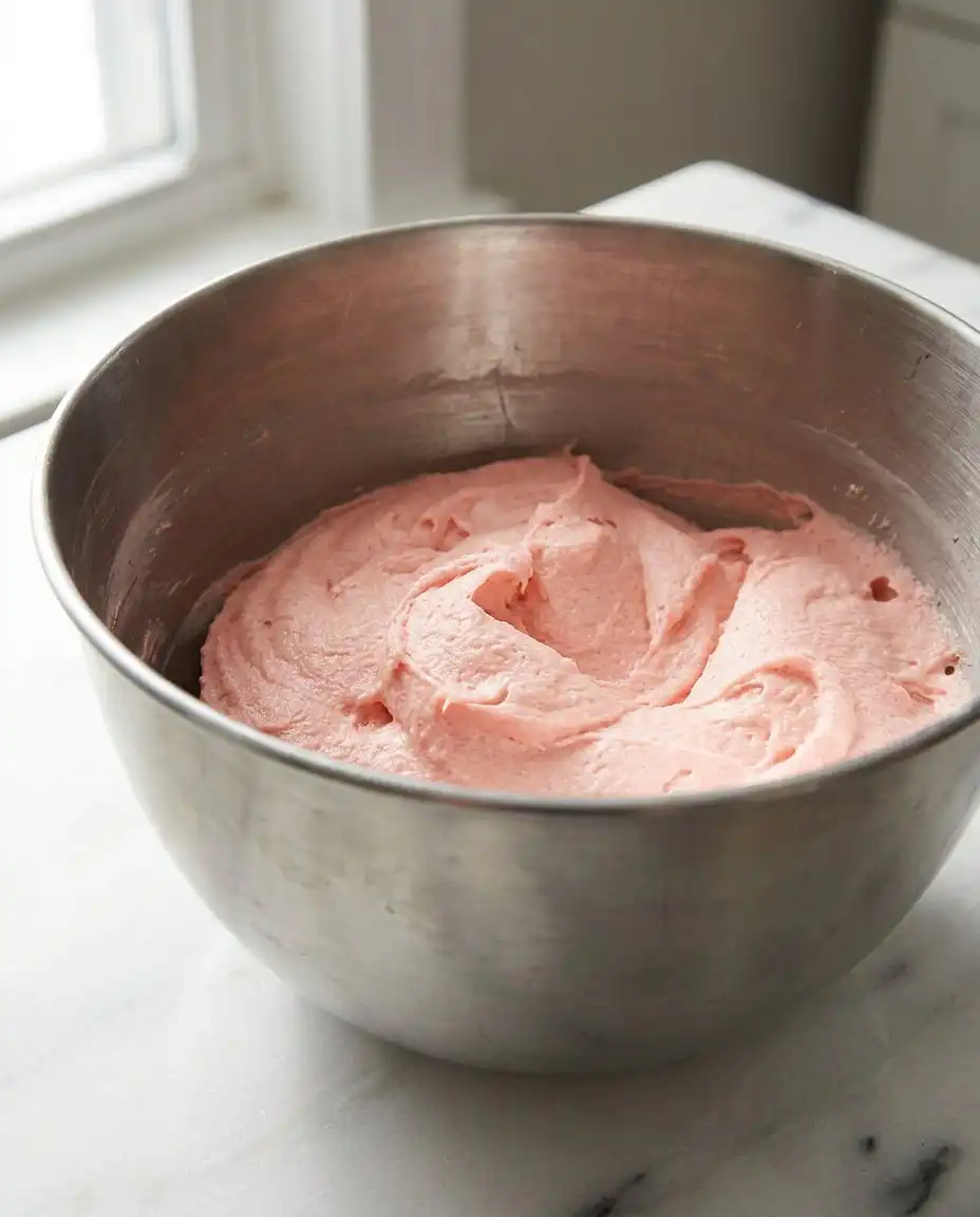 A strawberry cake inside a 9-inch pan sitting on an oven rack.