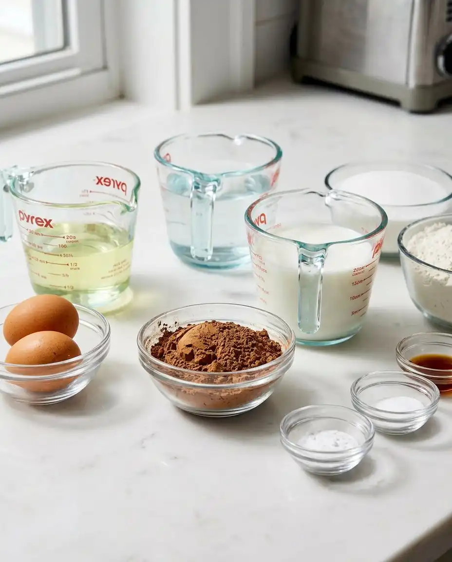 Simple pantry ingredients like flour sugar and cocoa powder arranged on a table