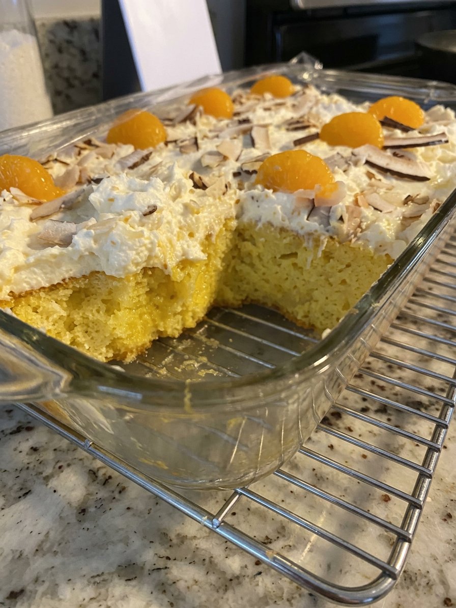 Cans of mandarin oranges and crushed pineapple with cake mix and eggs