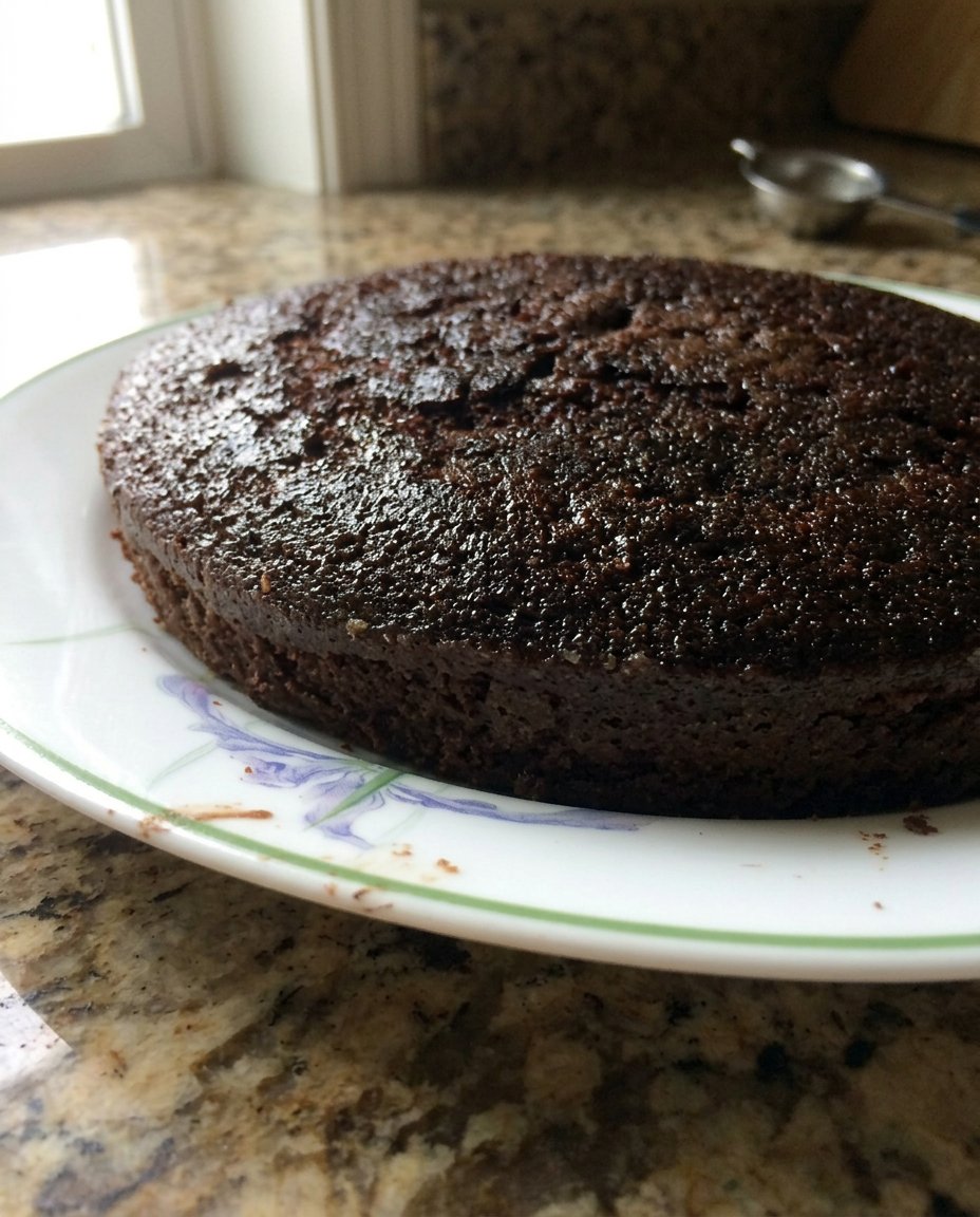 A double layer vegan chocolate cake with rich chocolate frosting on a cake stand