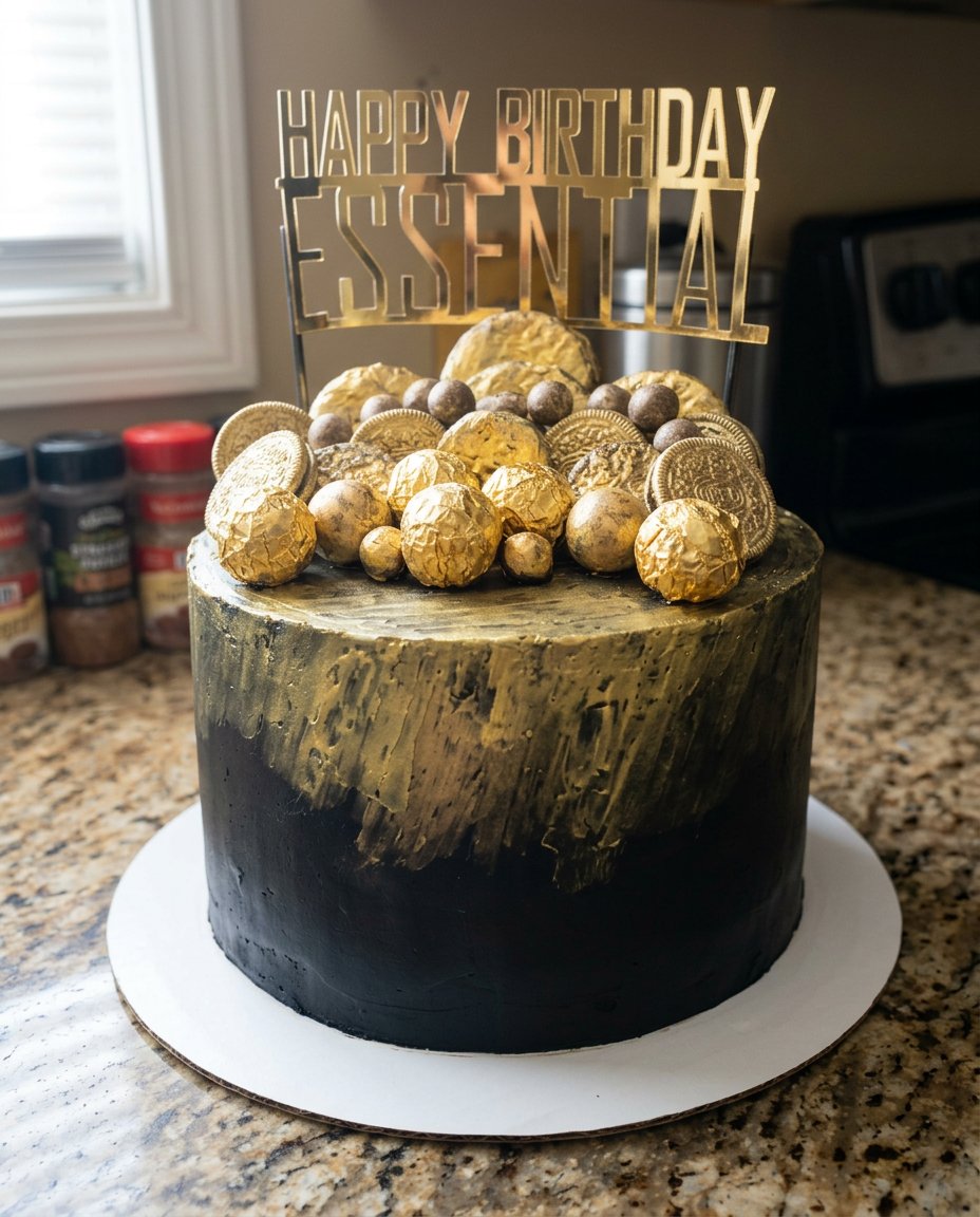 Black And Gold Cake 12 Ingredients for chocolate cake and gold decorations on a kitchen counter