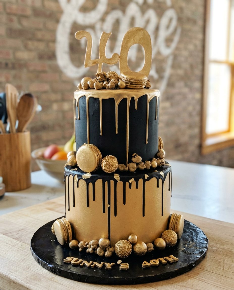 A black and gold cake sliced open to reveal gold candies inside