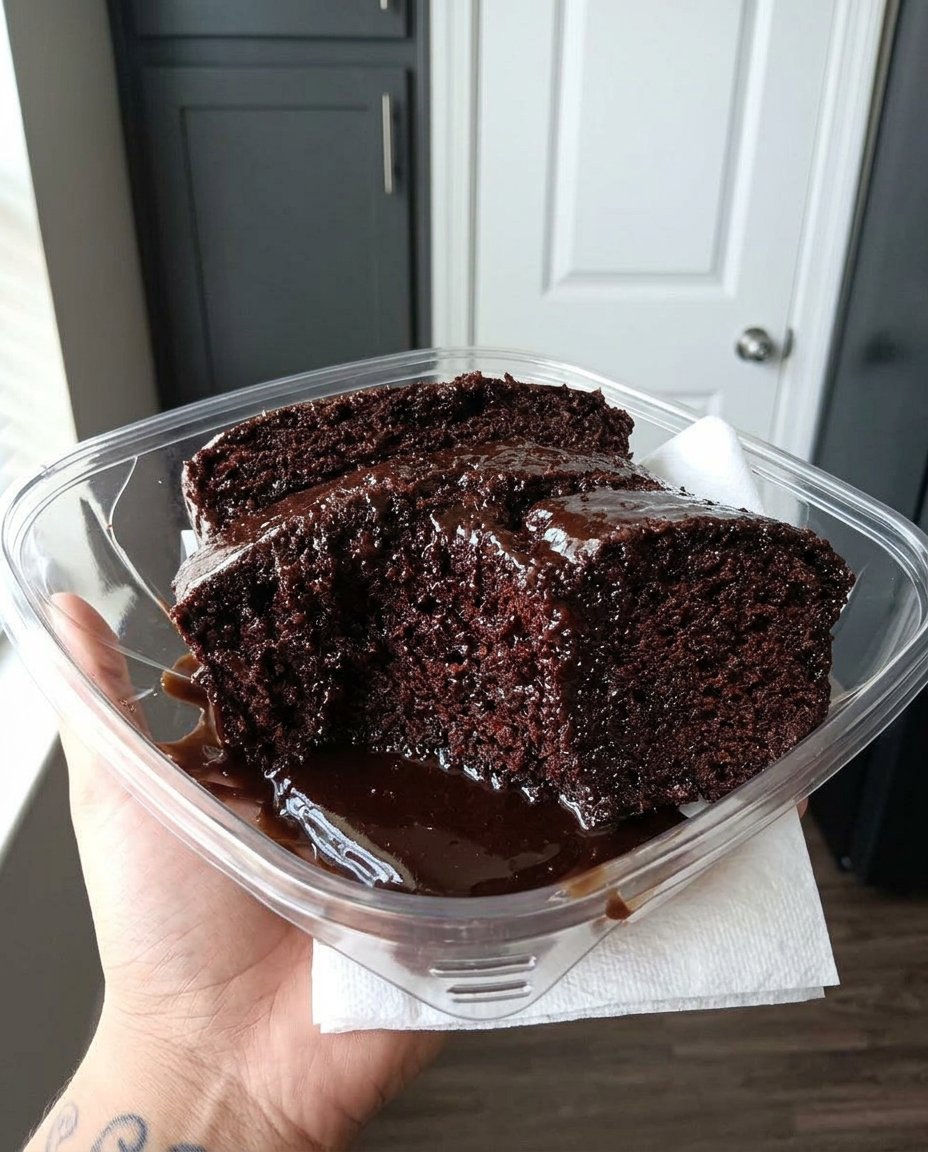 Whisking boiling water into a dark chocolate cake batter