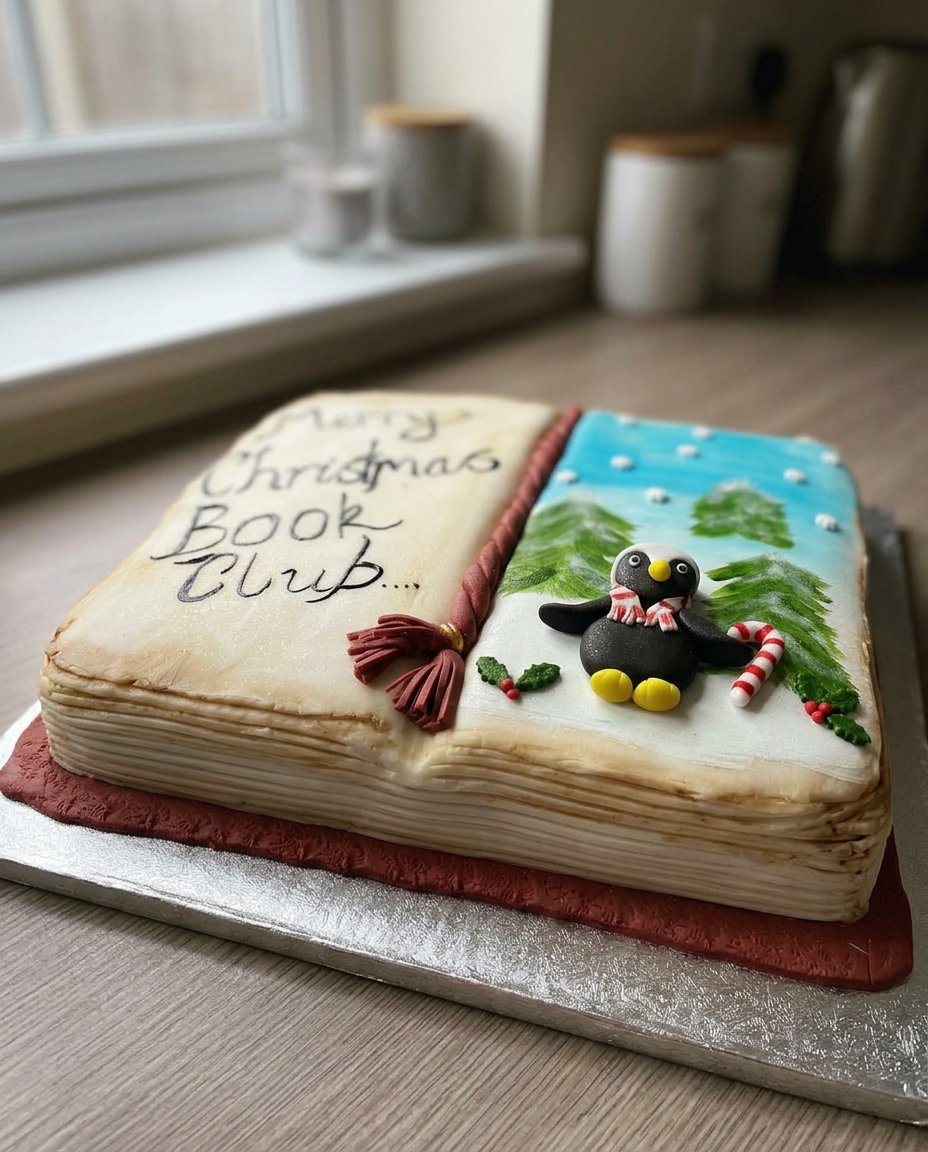A finished book cake decorated with pink flowers on a table.