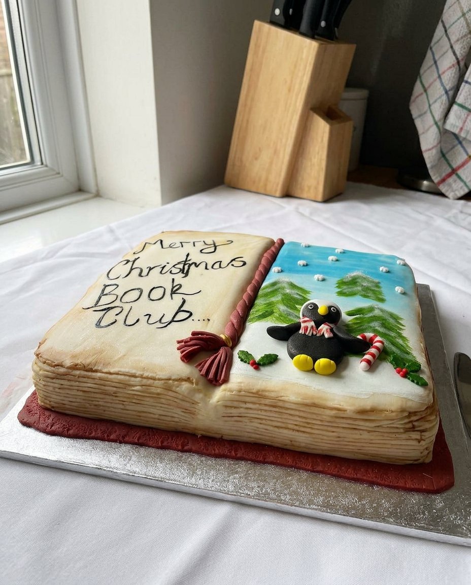 A slice of book cake served on a white plate with a fork.