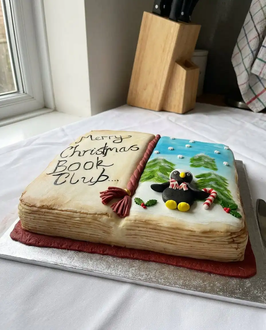 A slice of book cake served on a white plate with a fork.
