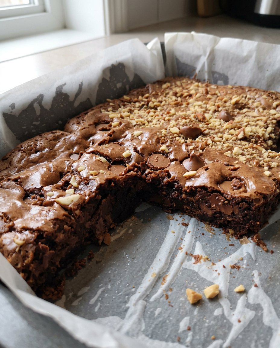 A slice of brownie cake served on a plate with fresh berries and cream