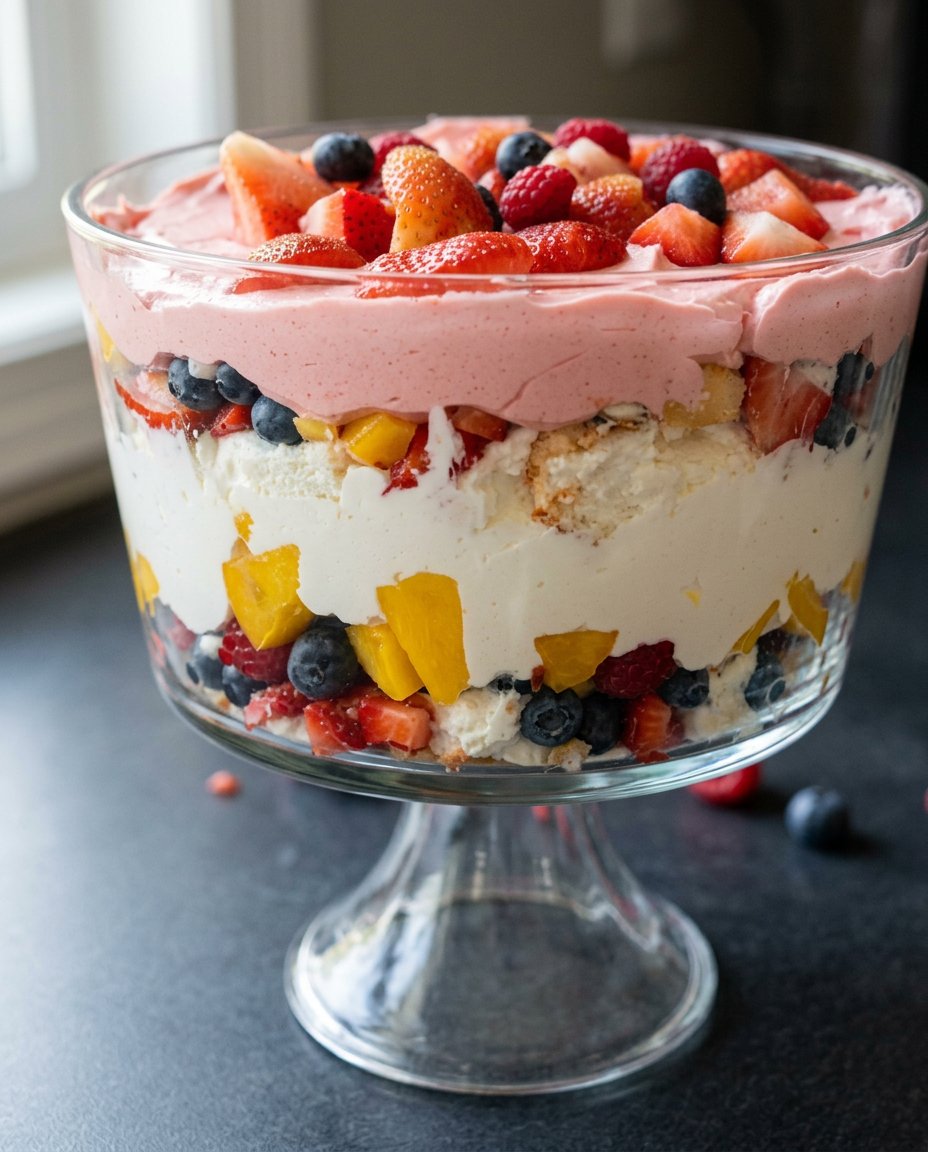 A hand using a pastry brush to apply orange glaze to a dark fruit cake