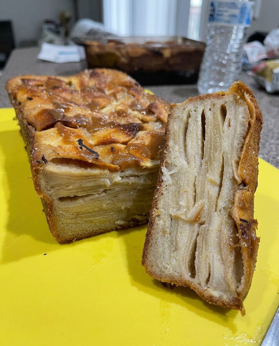 Apple Dump Cake 13 Thin slices of butter covering dry spice cake mix in a baking pan