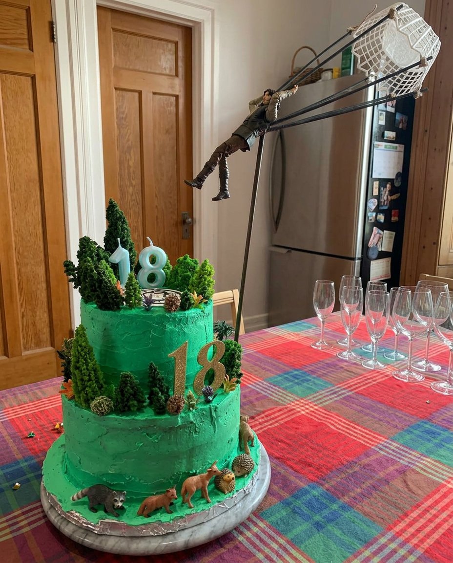 A double layered number 18 cake decorated with buttercream and chocolates