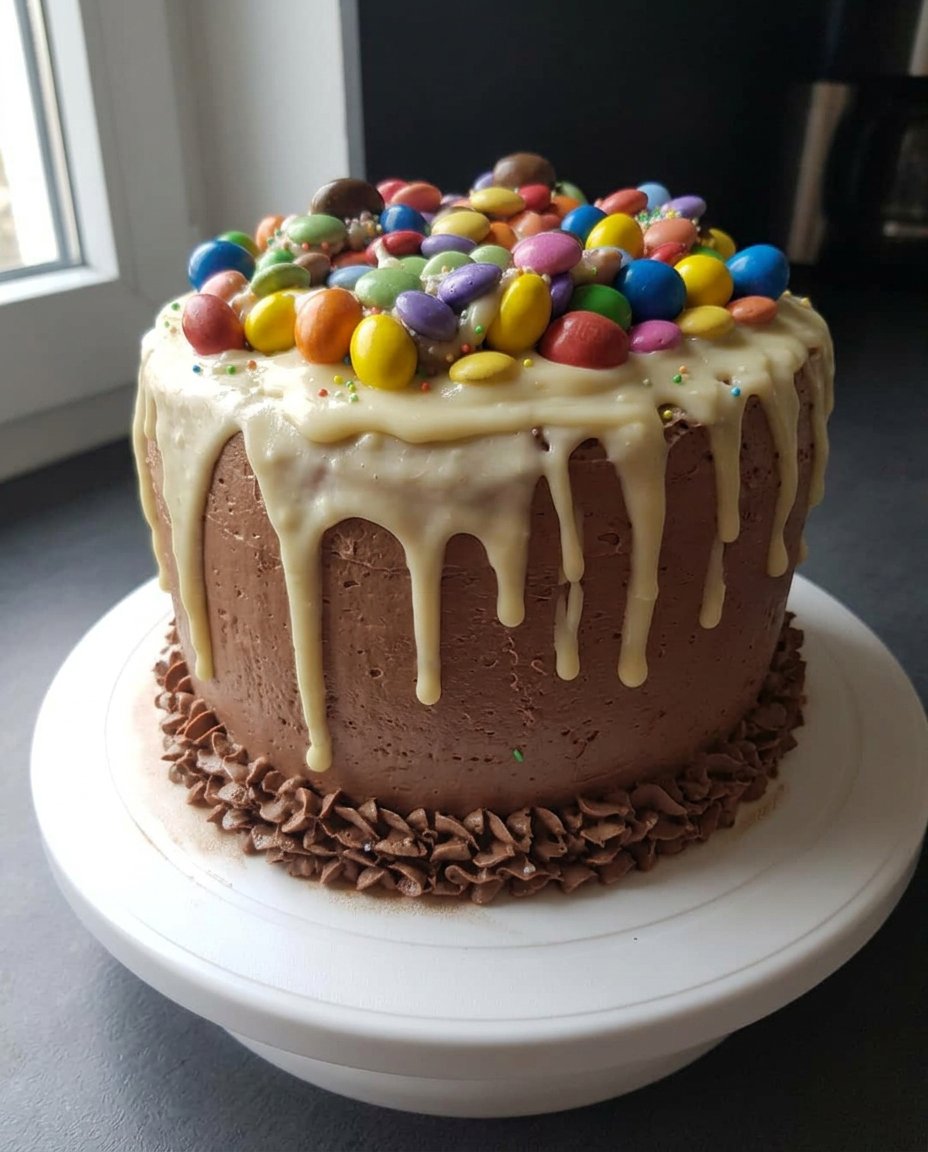 A four layer yellow cake cut open to reveal a spill of pastel candies and sprinkles