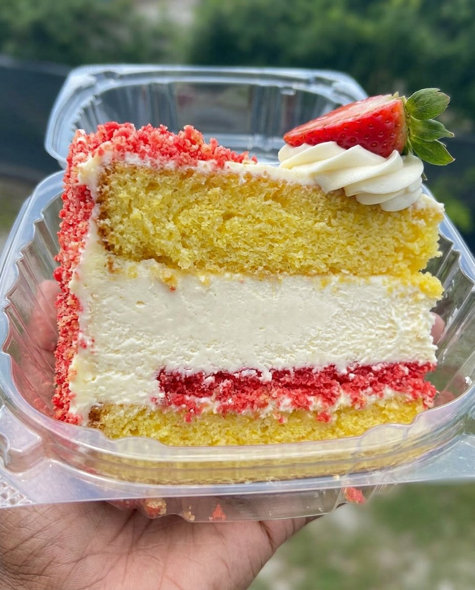 A square of carrot cake on a plate next to a cup of hot tea