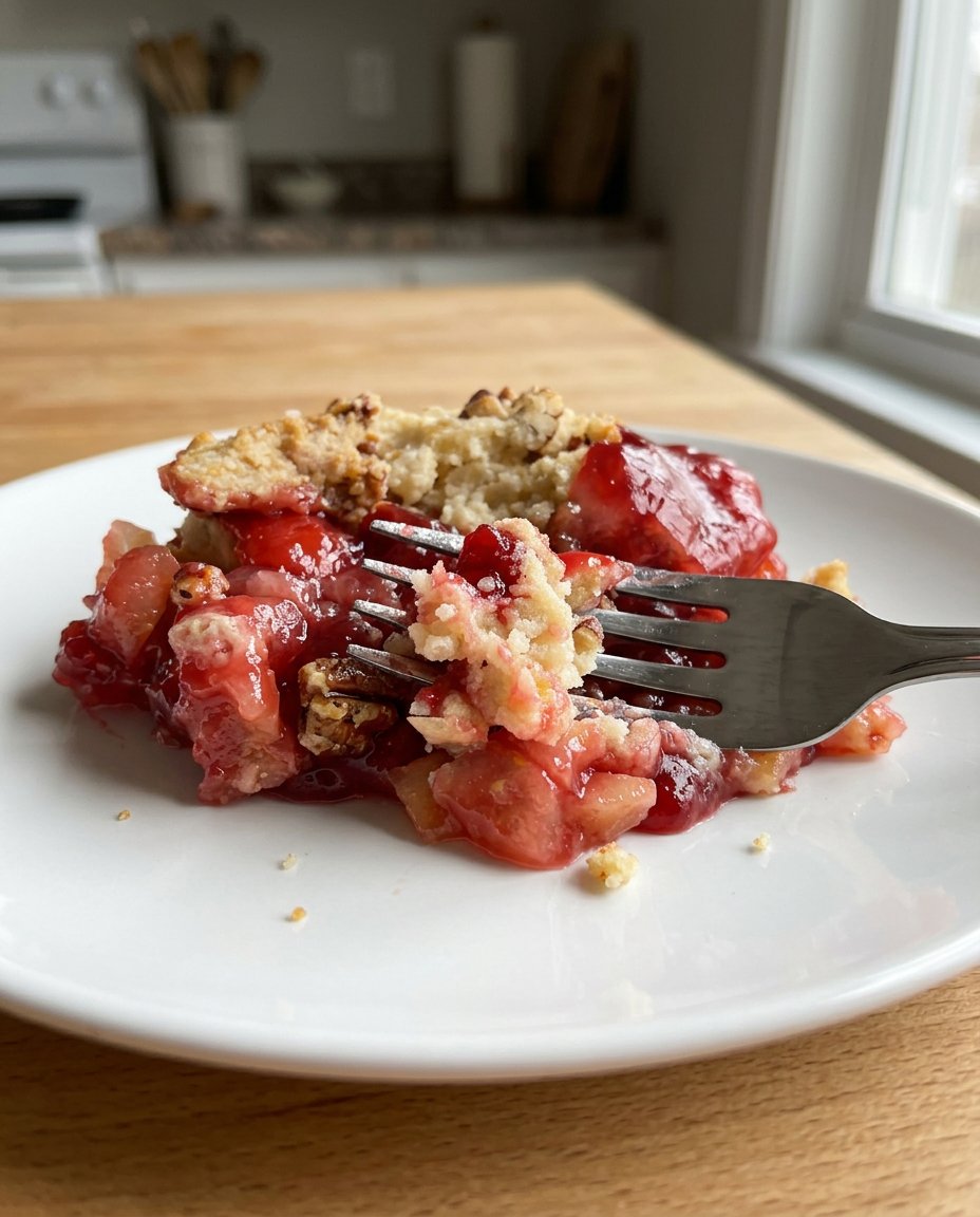 A golden brown cherry dump cake bubbling with fruit juices in a glass baking dish
