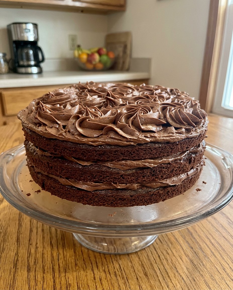 A slice of chocolate cake on a plate with a side of cream