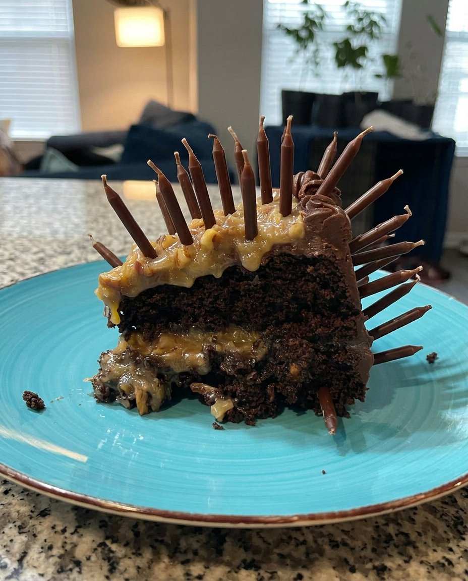 Candle Cake 13 Spreading chocolate frosting on a candle cake layer