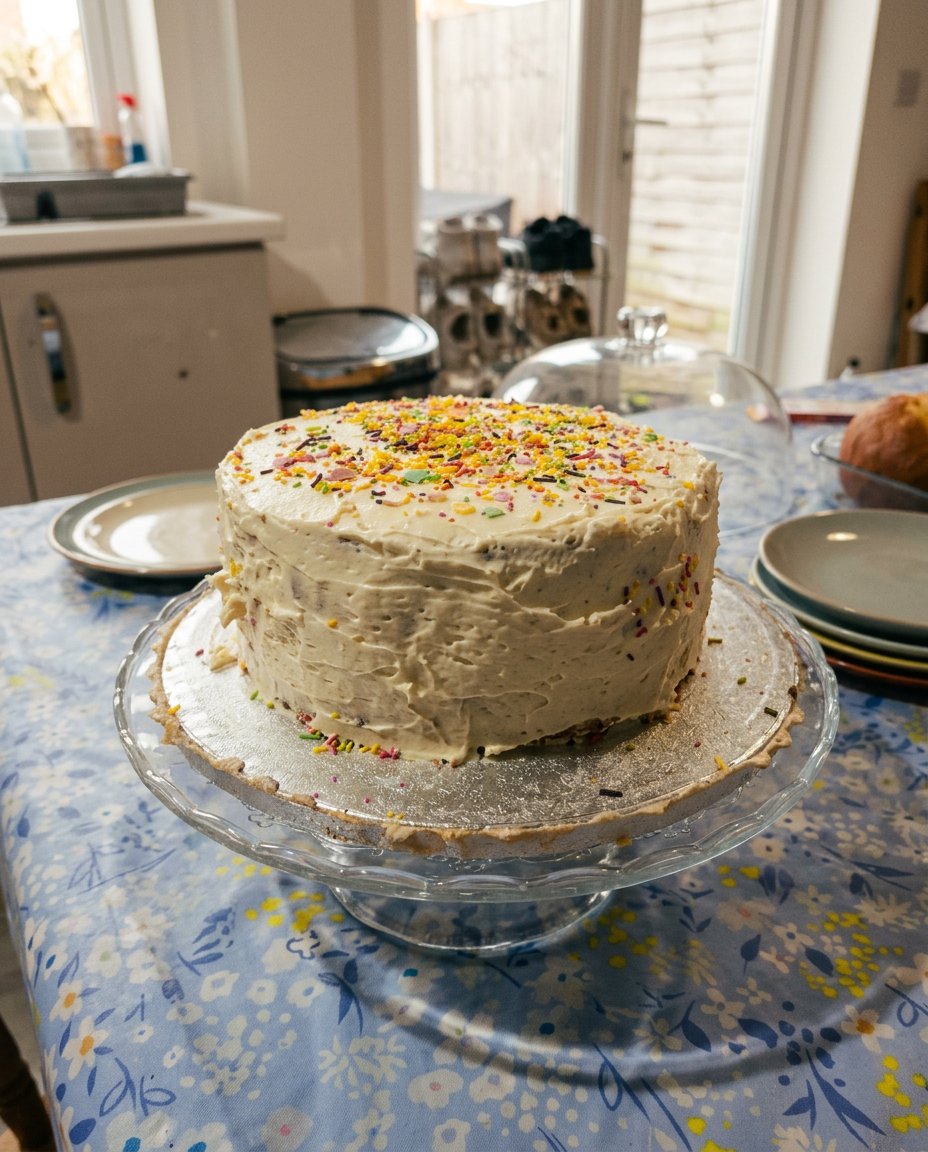 A beautiful two-layer vanilla birthday cake with smooth chocolate frosting on a cake stand