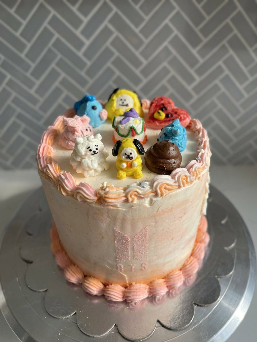 Three layers of simple vanilla bts cake with white frosting and purple sprinkles