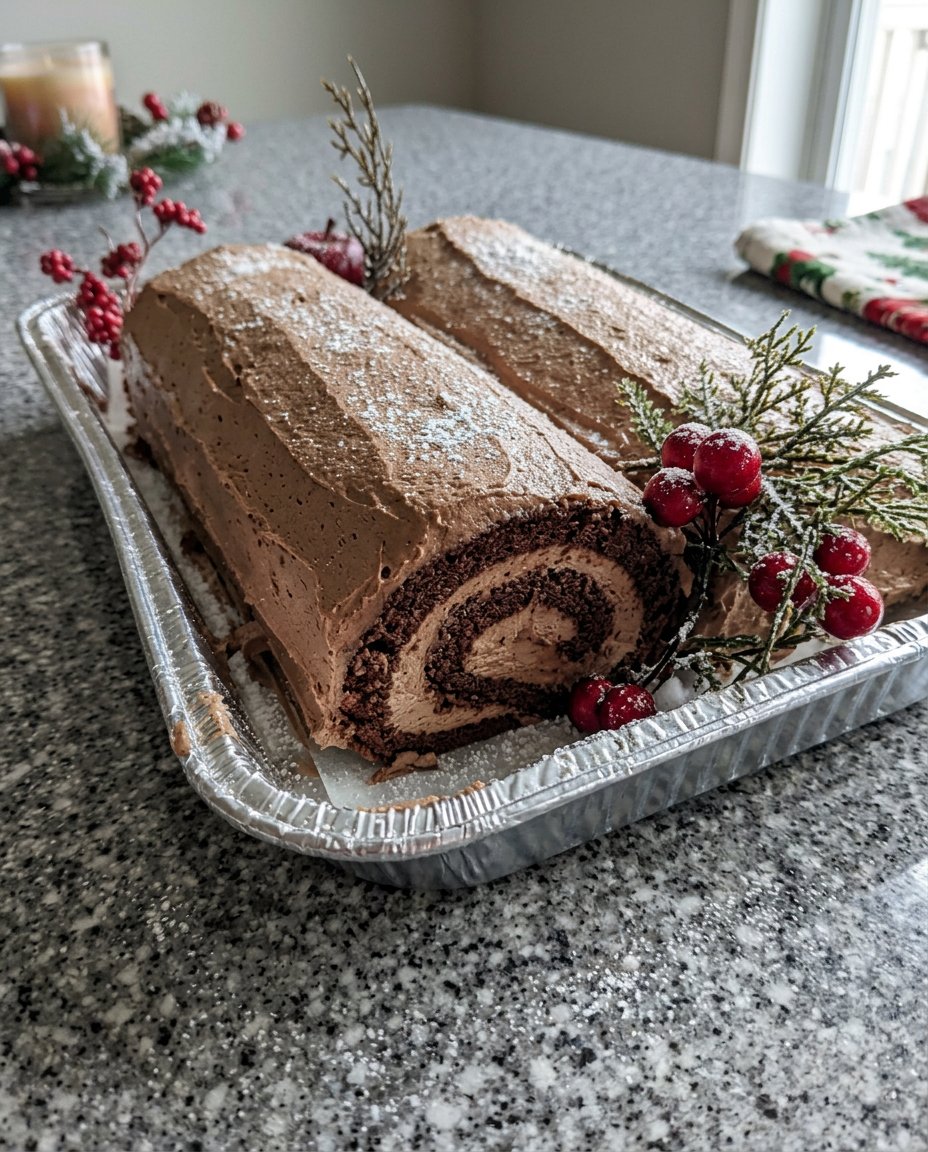A beautiful chocolate Yule log cake on a white platter
