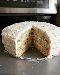 A two layer homemade cake with white buttercream frosting on a simple cake stand