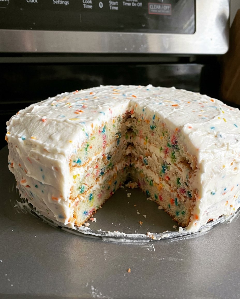 A two layer homemade cake with white buttercream frosting on a simple cake stand