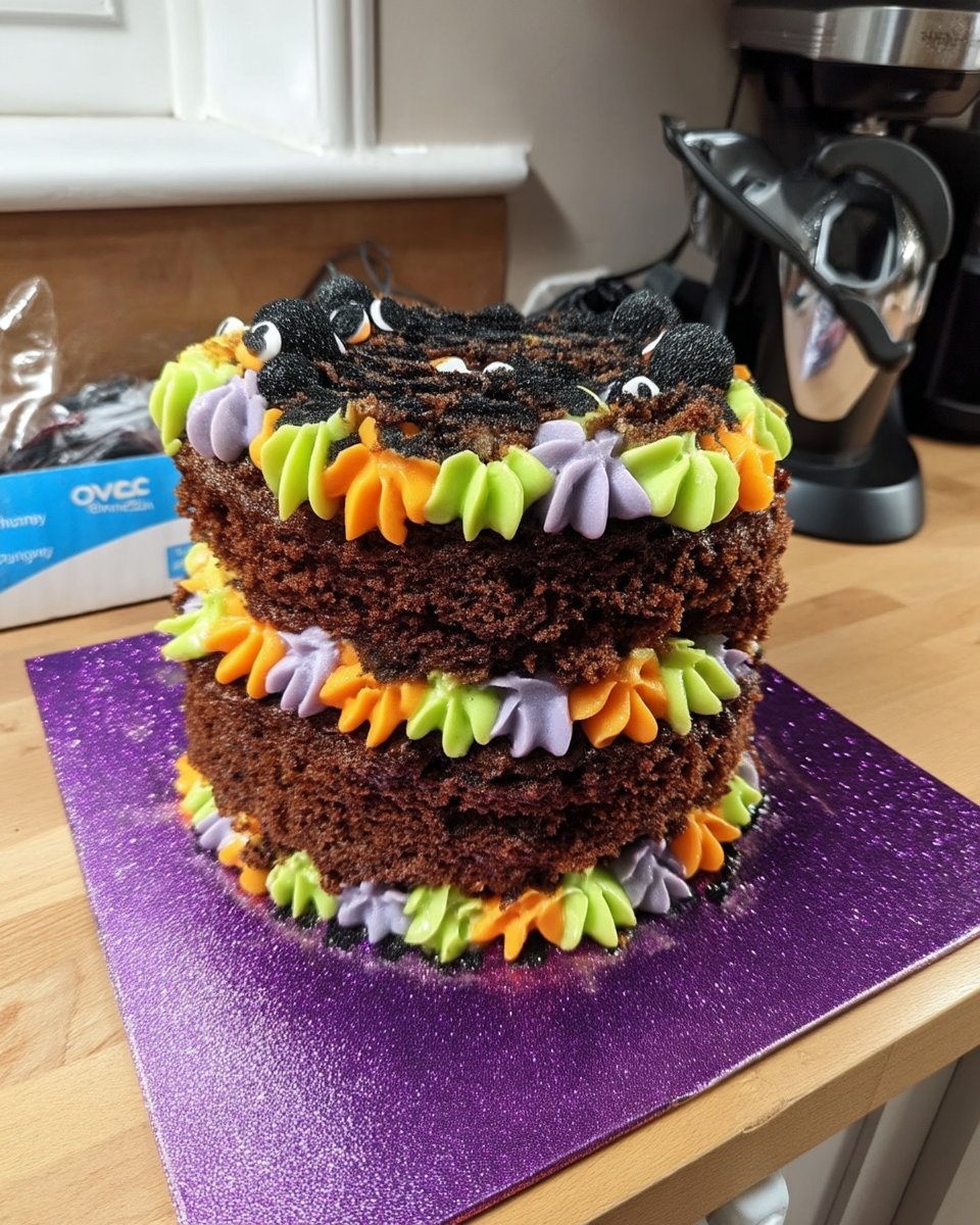 A tall vanilla Lambeth cake with colorful pink and orange buttercream ruffles and yellow shell borders.