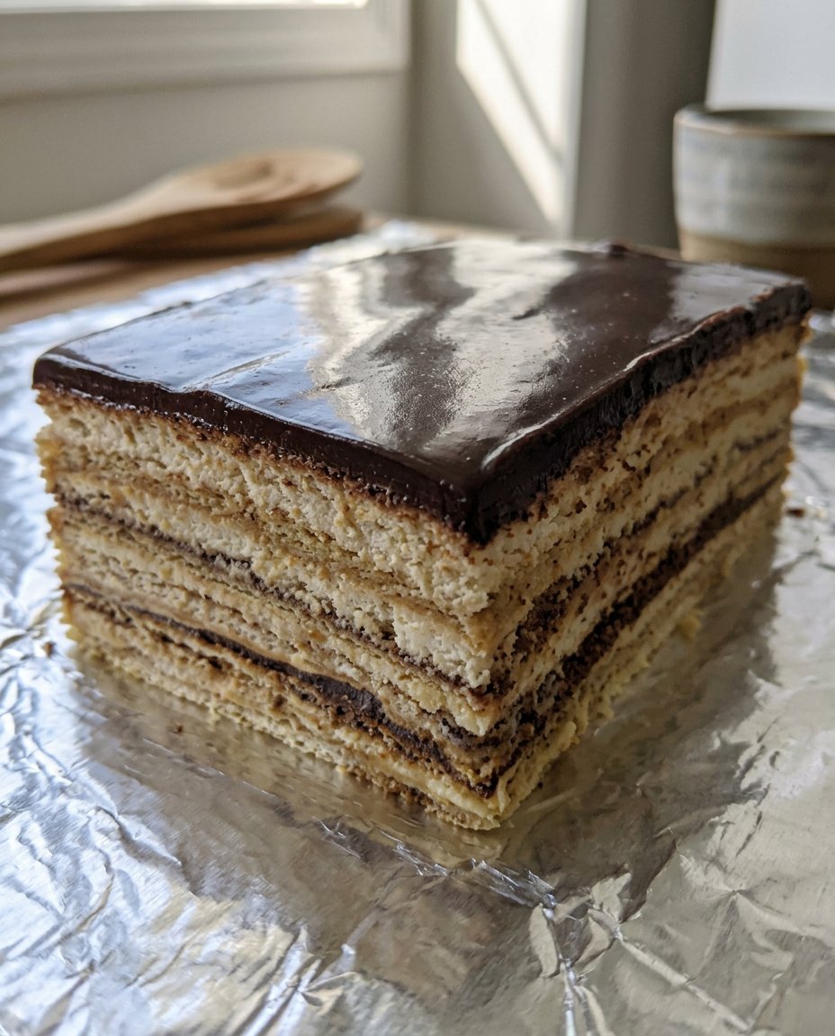 A close up view of the distinct layers of a French Opera Cake showing coffee buttercream and ganache