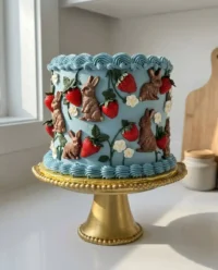 A simple double layer bday cake with white buttercream frosting and colorful sprinkles.