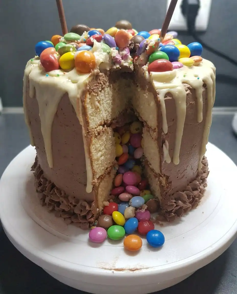 Ingredients for candy cake including yellow cake mix frosting and various pastel candies