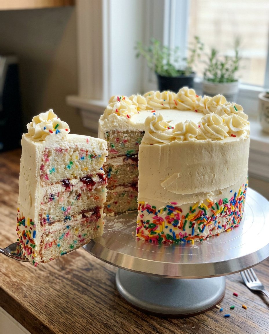 Funfetti Cake 12 Bowls of cake flour, buttermilk, and rainbow sprinkles on a marble counter