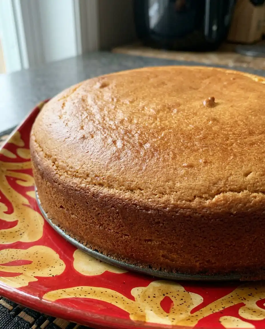 Two golden brown eggless cake layers resting in their tins after baking