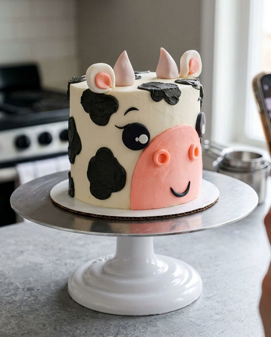 Sliced cow cake showing chocolate and vanilla marble layers