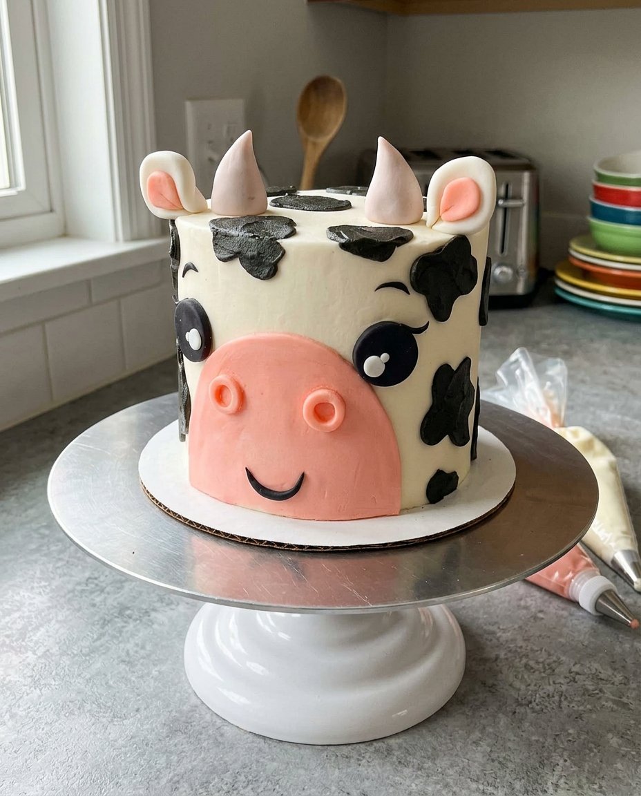 Cow Cake 14 Finished cow cake with fondant ears and horns on a wooden serving board