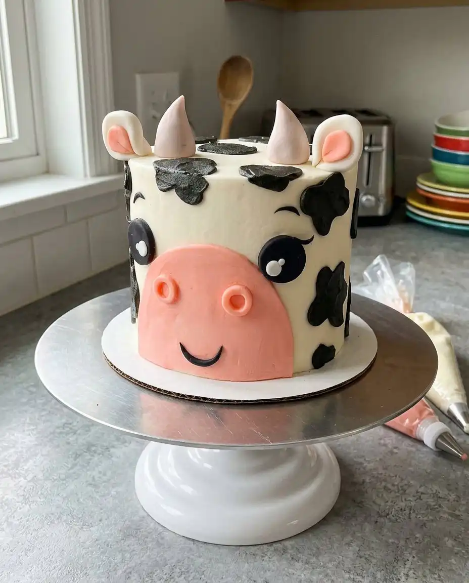 Finished cow cake with fondant ears and horns on a wooden serving board