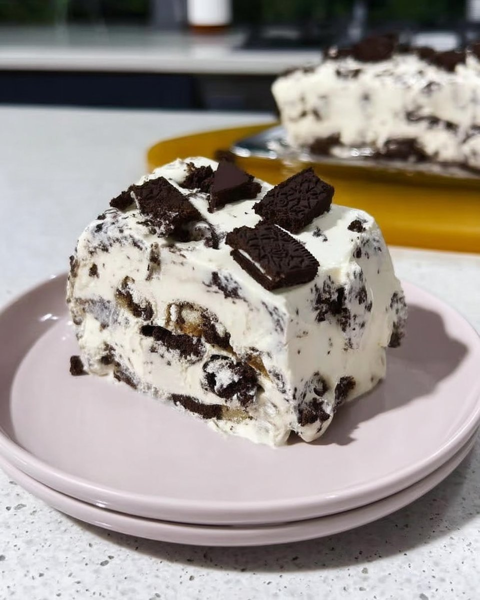 A close up slice of Oreo Icebox Cake showing distinct black and white layers