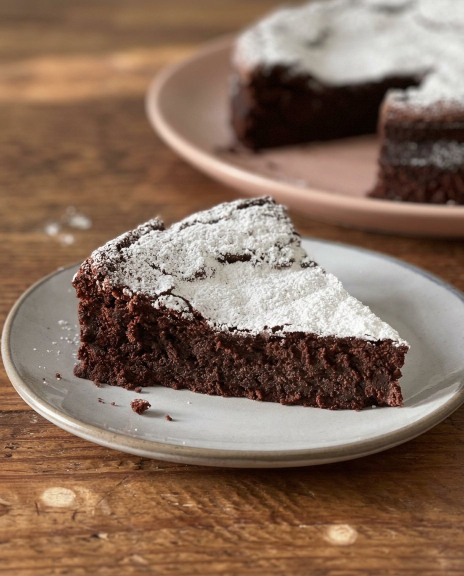 A close up slice of flourless chocolate cake with a crackly top and fudgy center