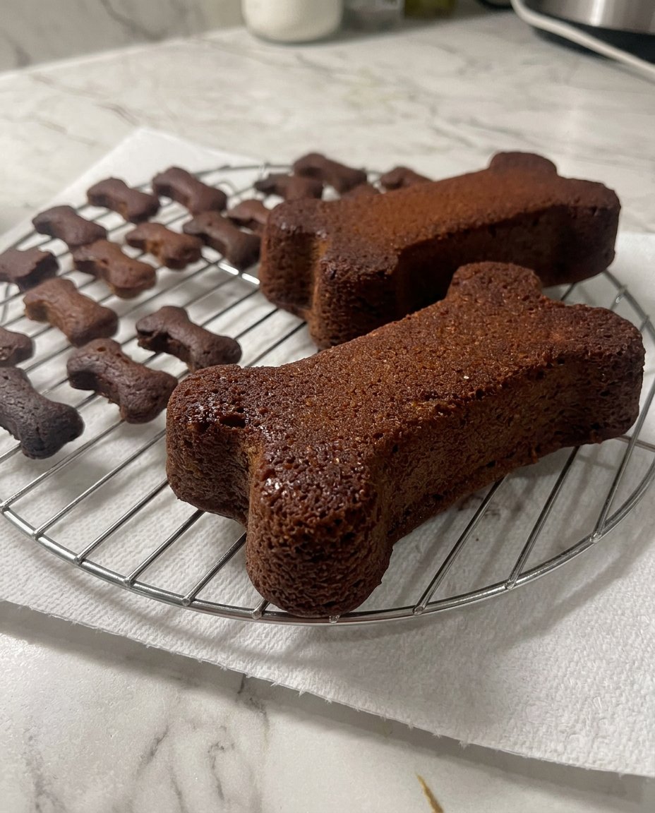 A decorated dog cake with yogurt frosting and dog biscuits