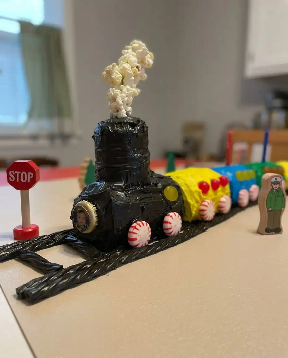 Close up of a hand piping blue frosting onto a train cake
