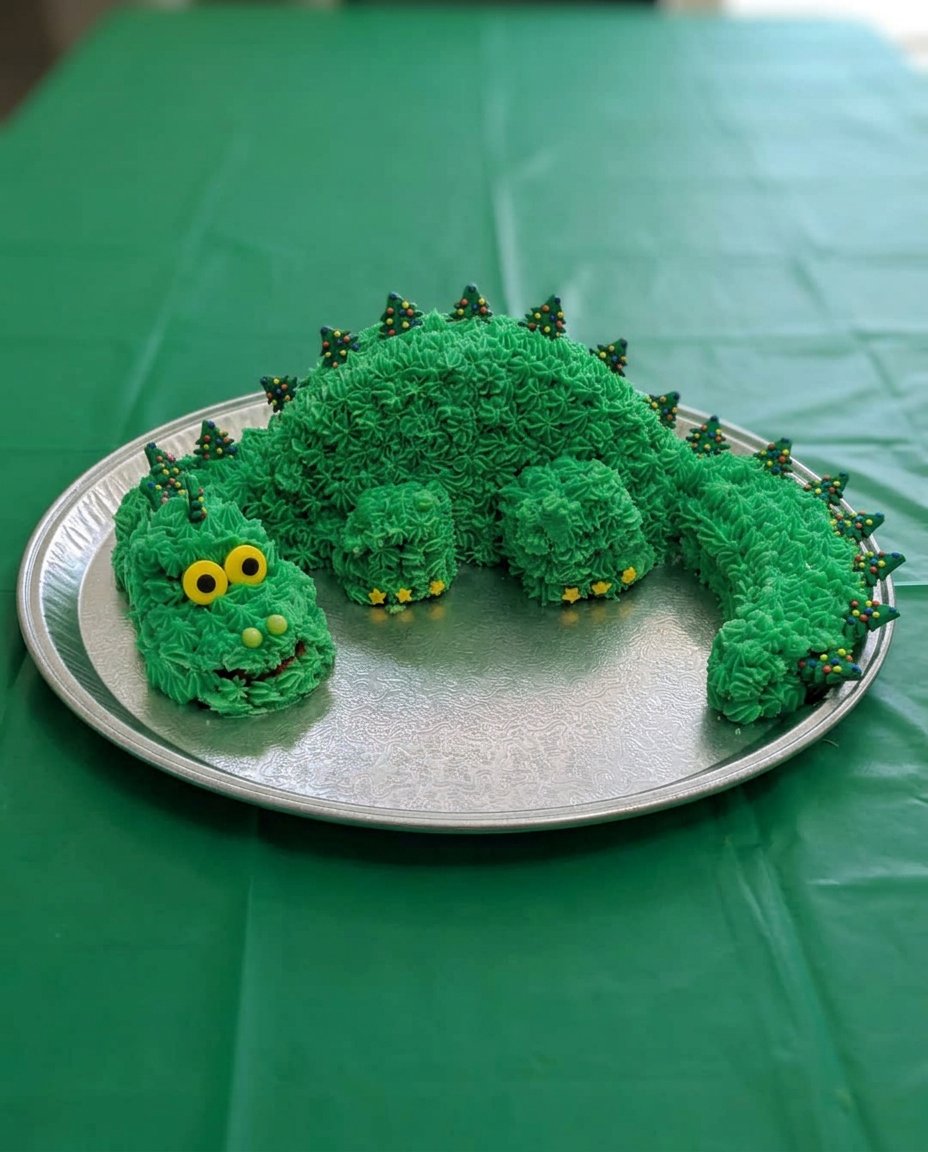 Simple homemade Dino Cake with turquoise icing and figurines