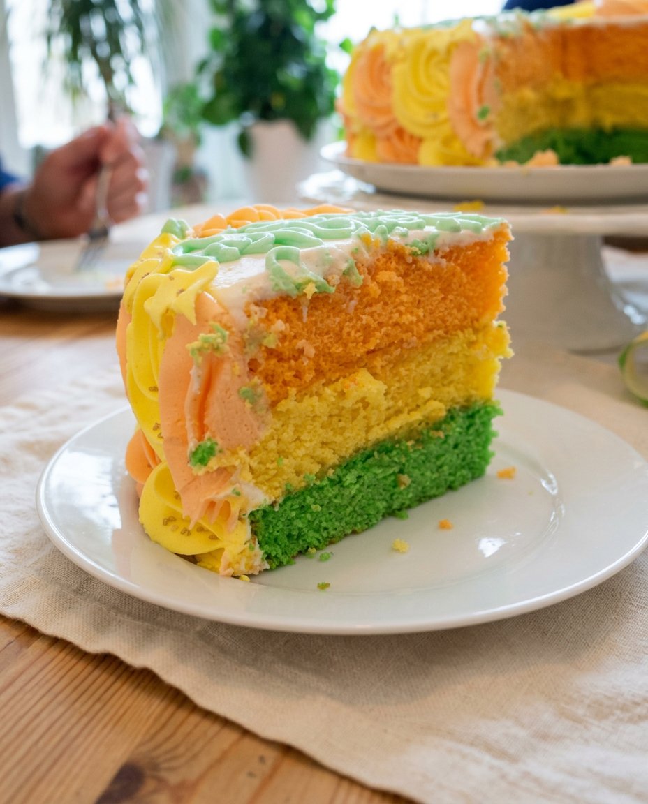 White lemon glaze being poured over a colorful rainbow bundt cake