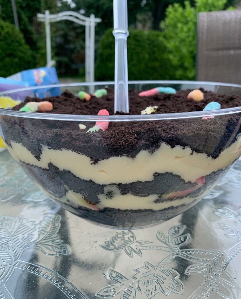 Easter dirt cake in a pan with Peeps bunnies