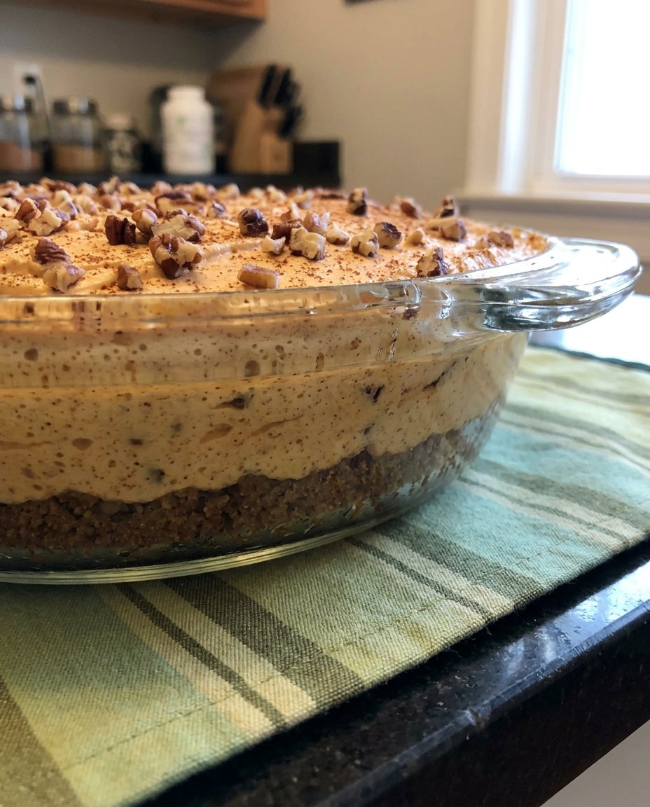 A beautiful layered pumpkin cake with whipped topping and pecans
