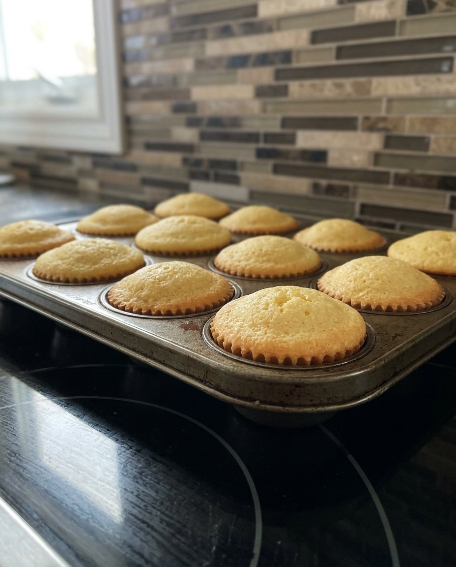 Close up of smooth icing being spooned onto a golden fairy cake