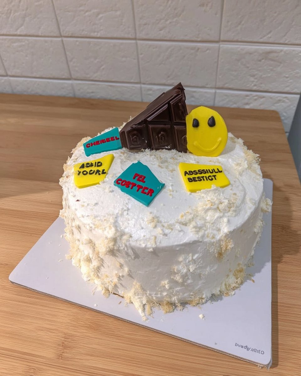 A simple farewell cake with white frosting and colorful sprinkles